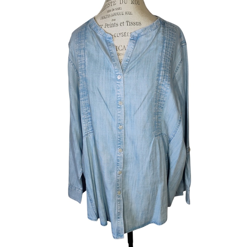 Coldwater Creek Chambray Button Up Denim Shirt Plus 3X Blue Western Roll Tab